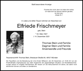 Traueranzeige von Elfriede Frischmeyer von Siegener Zeitung