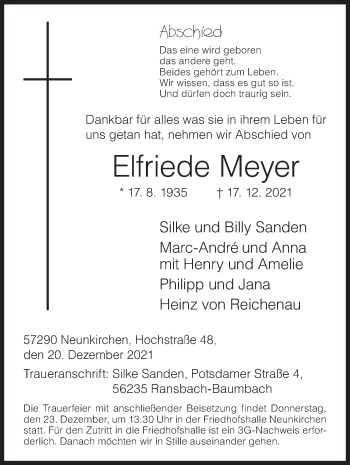 Traueranzeige von Elfriede Meyer von Siegener Zeitung