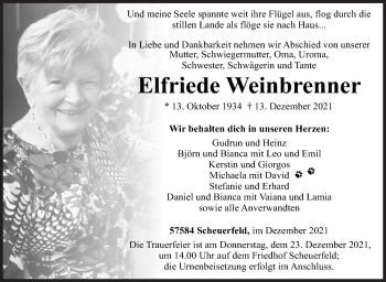 Traueranzeige von Elfriede Weinbrenner von Siegener Zeitung