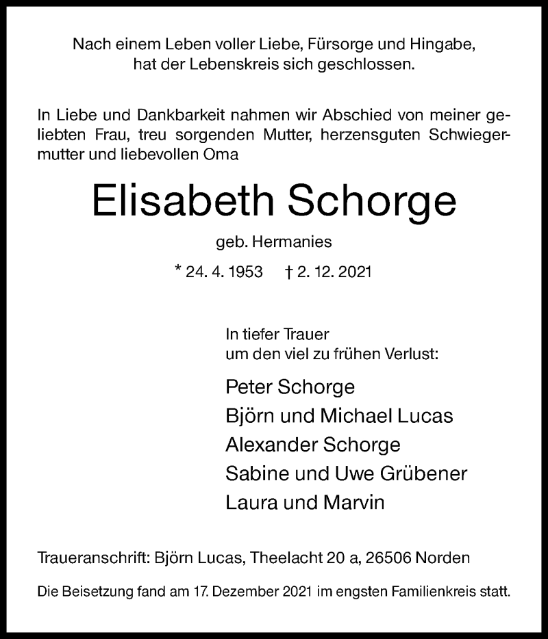  Traueranzeige für Elisabeth Schorge vom 23.12.2021 aus Siegener Zeitung