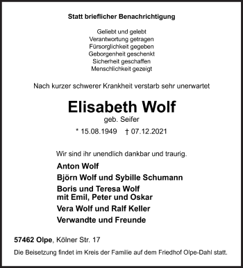 Traueranzeige von Elisabeth Wolf von Siegener Zeitung