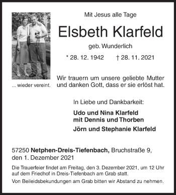 Traueranzeige von Elsbeth Klarfeld von Siegener Zeitung