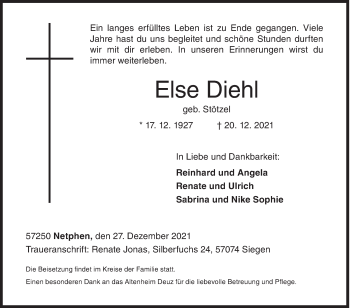 Traueranzeige von Else Diehl von Siegener Zeitung