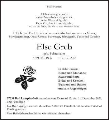 Traueranzeige von Else Greb von Siegener Zeitung