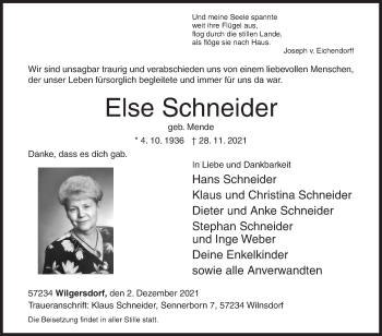 Traueranzeige von Else Schneider von Siegener Zeitung