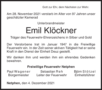 Traueranzeige von Emil Klöckner von Siegener Zeitung