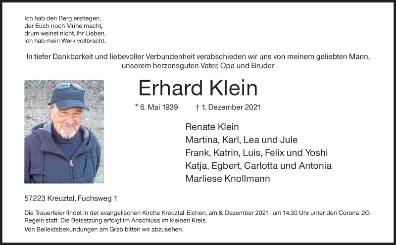  Traueranzeige für Erhard Klein vom 03.12.2021 aus Siegener Zeitung