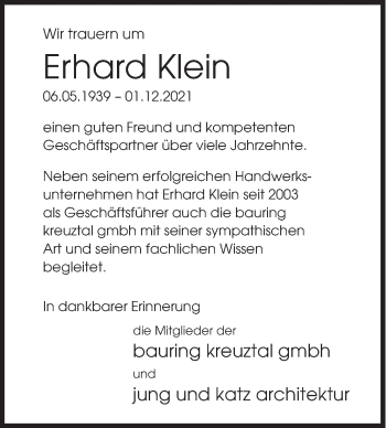 Traueranzeige von Erhard Klein von Siegener Zeitung