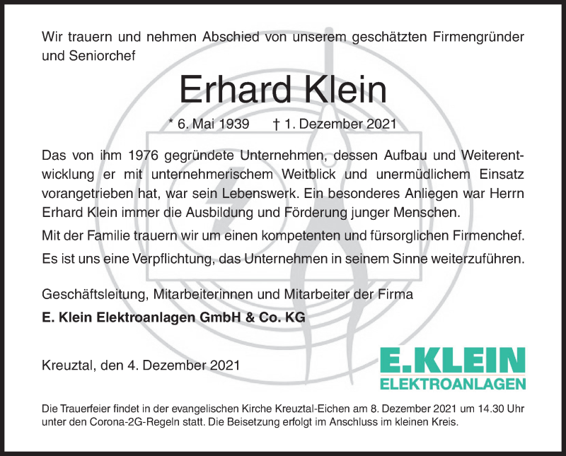  Traueranzeige für Erhard Klein vom 04.12.2021 aus Siegener Zeitung