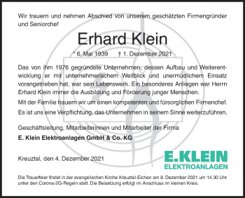 Traueranzeige von Erhard Klein von Siegener Zeitung