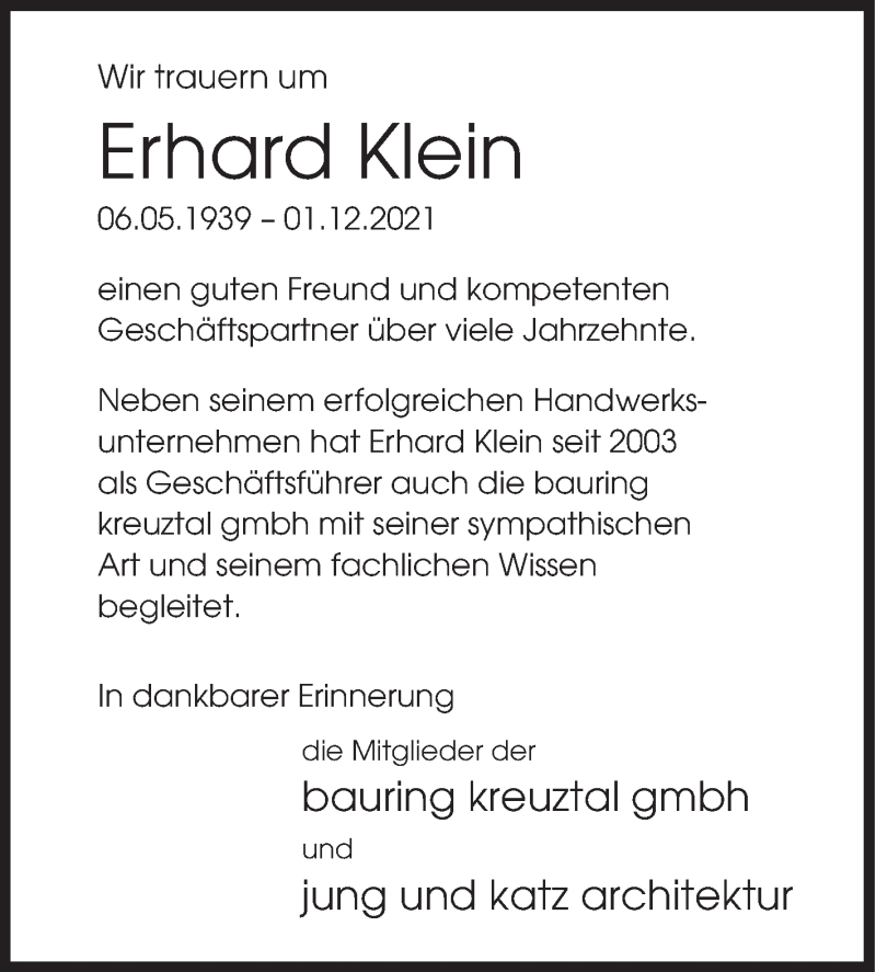  Traueranzeige für Erhard Klein vom 04.12.2021 aus Siegener Zeitung