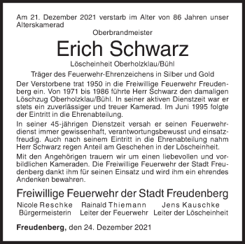 Traueranzeige von Erich Schwarz von Siegener Zeitung