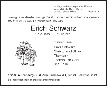 Traueranzeige von Erich Schwarz von Siegener Zeitung