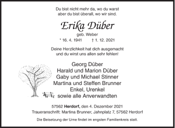 Traueranzeige von Erika Düber von Siegener Zeitung