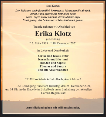 Traueranzeige von Erika Klotz von Siegener Zeitung