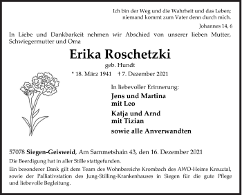 Traueranzeige von Erika Roschetzki von Siegener Zeitung