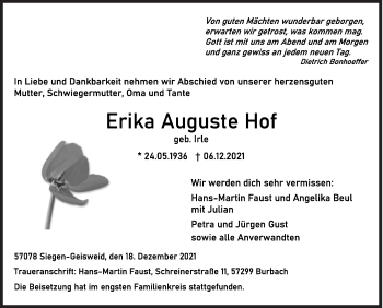 Traueranzeige von Erika Auguste Hof von Siegener Zeitung