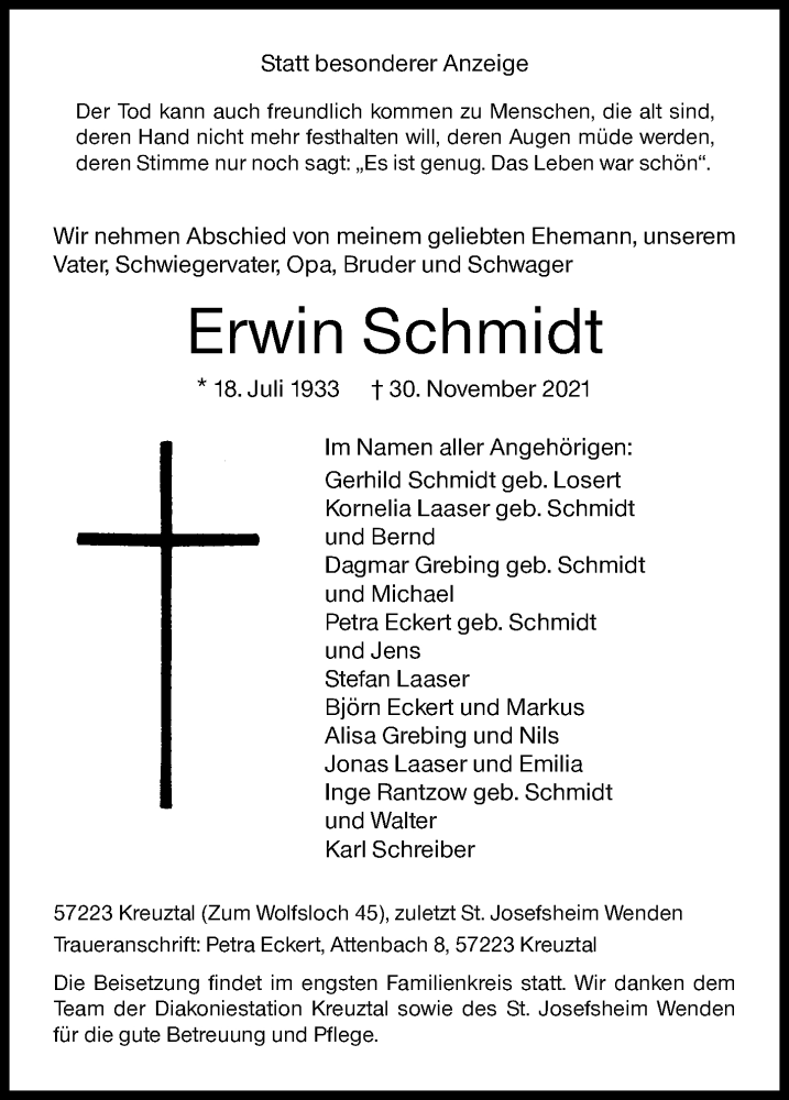  Traueranzeige für Erwin Schmidt vom 04.12.2021 aus Siegener Zeitung