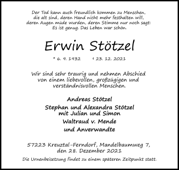 Traueranzeige von Erwin Stötzel von Siegener Zeitung