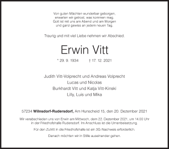 Traueranzeige von Erwin Vitt von Siegener Zeitung