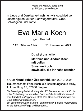 Traueranzeige von Eva Maria Koch von Siegener Zeitung