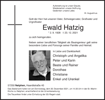 Traueranzeige von Ewald Hatzig von Siegener Zeitung