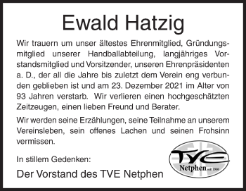 Traueranzeige von Ewald Hatzig von Siegener Zeitung