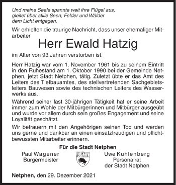 Traueranzeige von Ewald Hatzig von Siegener Zeitung