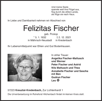 Traueranzeige von Felizitas Fischer von Siegener Zeitung
