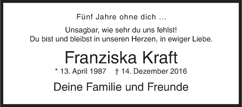  Traueranzeige für Franziska Kraft vom 14.12.2021 aus Siegener Zeitung