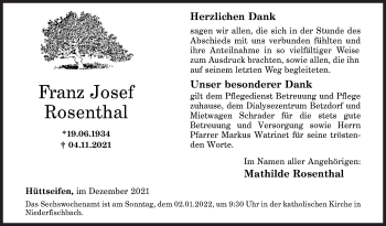 Traueranzeige von Franz Josef Rosenthal von Siegener Zeitung