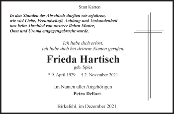 Traueranzeige von Frieda Hartisch von Siegener Zeitung
