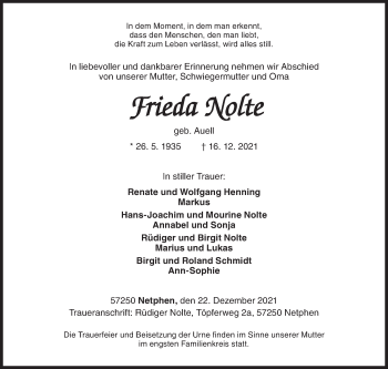 Traueranzeige von Frieda Nolte von Siegener Zeitung