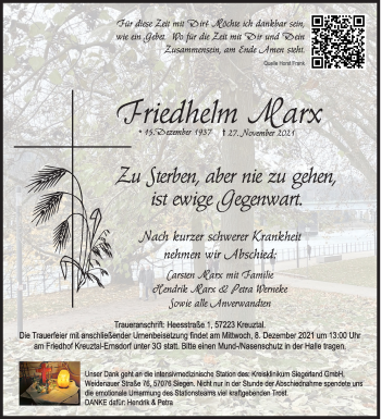 Traueranzeige von Friedhelm Marx von Siegener Zeitung