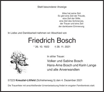 Traueranzeige von Friedrich Bosch von Siegener Zeitung