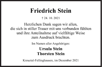 Traueranzeige von Friedrich Stein von Siegener Zeitung