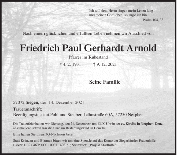 Traueranzeige von Friedrich Paul Gerhardt Arnold von Siegener Zeitung