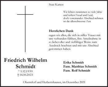 Traueranzeige von Friedrich Wilhelm Schmidt von Siegener Zeitung