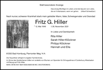 Traueranzeige von Fritz G. Hiller von Siegener Zeitung