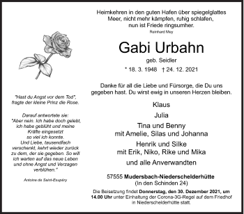 Traueranzeige von Gabi Urbahn von Siegener Zeitung