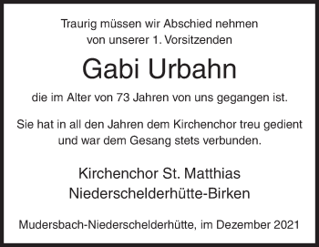 Traueranzeige von Gabi Urbahn von Siegener Zeitung