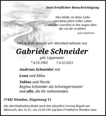 Traueranzeige von Gabriele Schneider von Siegener Zeitung