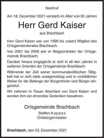 Traueranzeige von Gerd Kaiser von Siegener Zeitung