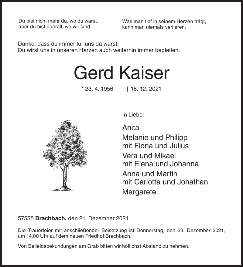  Traueranzeige für Gerd Kaiser vom 21.12.2021 aus Siegener Zeitung