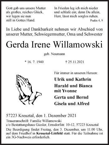 Traueranzeige von Gerda Irene Willamowski von Siegener Zeitung