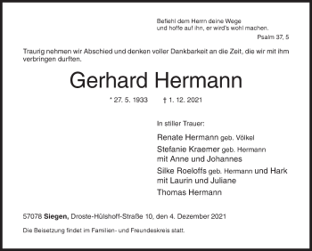 Traueranzeige von Gerhard Hermann von Siegener Zeitung