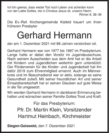 Traueranzeige von Gerhard Hermann von Siegener Zeitung