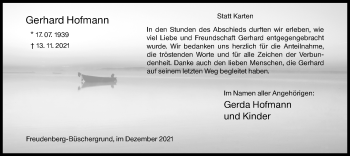Traueranzeige von Gerhard Hofmann von Siegener Zeitung