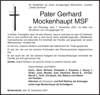 Traueranzeige von Gerhard Mockenhaupt von Siegener Zeitung
