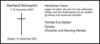 Traueranzeige von Gerhard Nünnerich von Siegener Zeitung